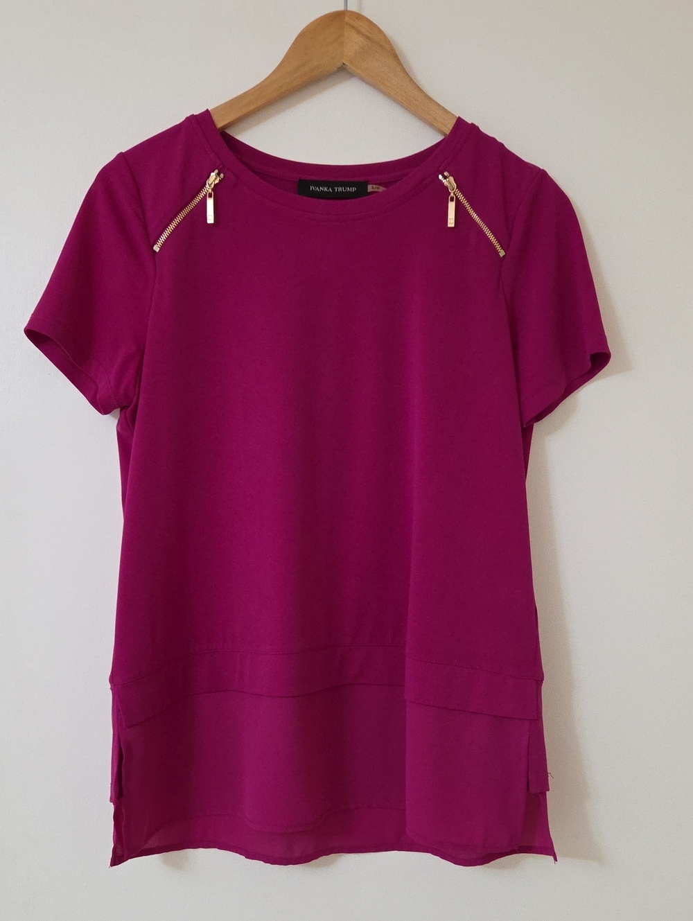 Ivanka Trump Magenta Short Sleeve Top with Gold Zipper Accents